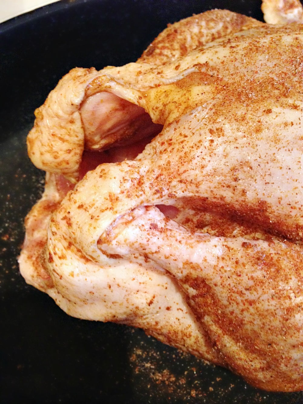 close up of whole seasoned chicken