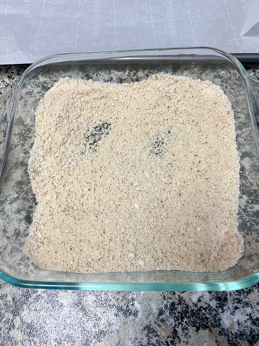 Pyrex dish of bread crumb mixture