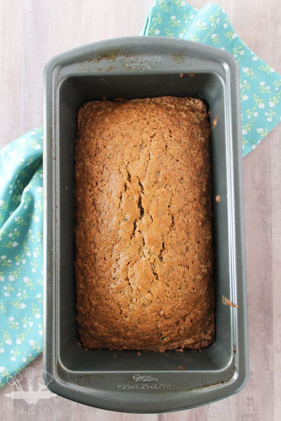 Chocolate Chip Zucchini Bread overhead in loaf pan