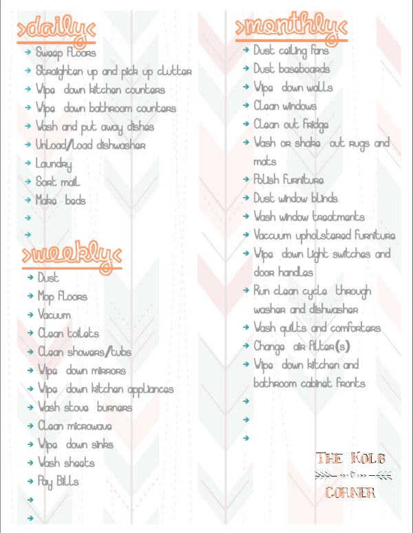 Easy Cleaning List Printable