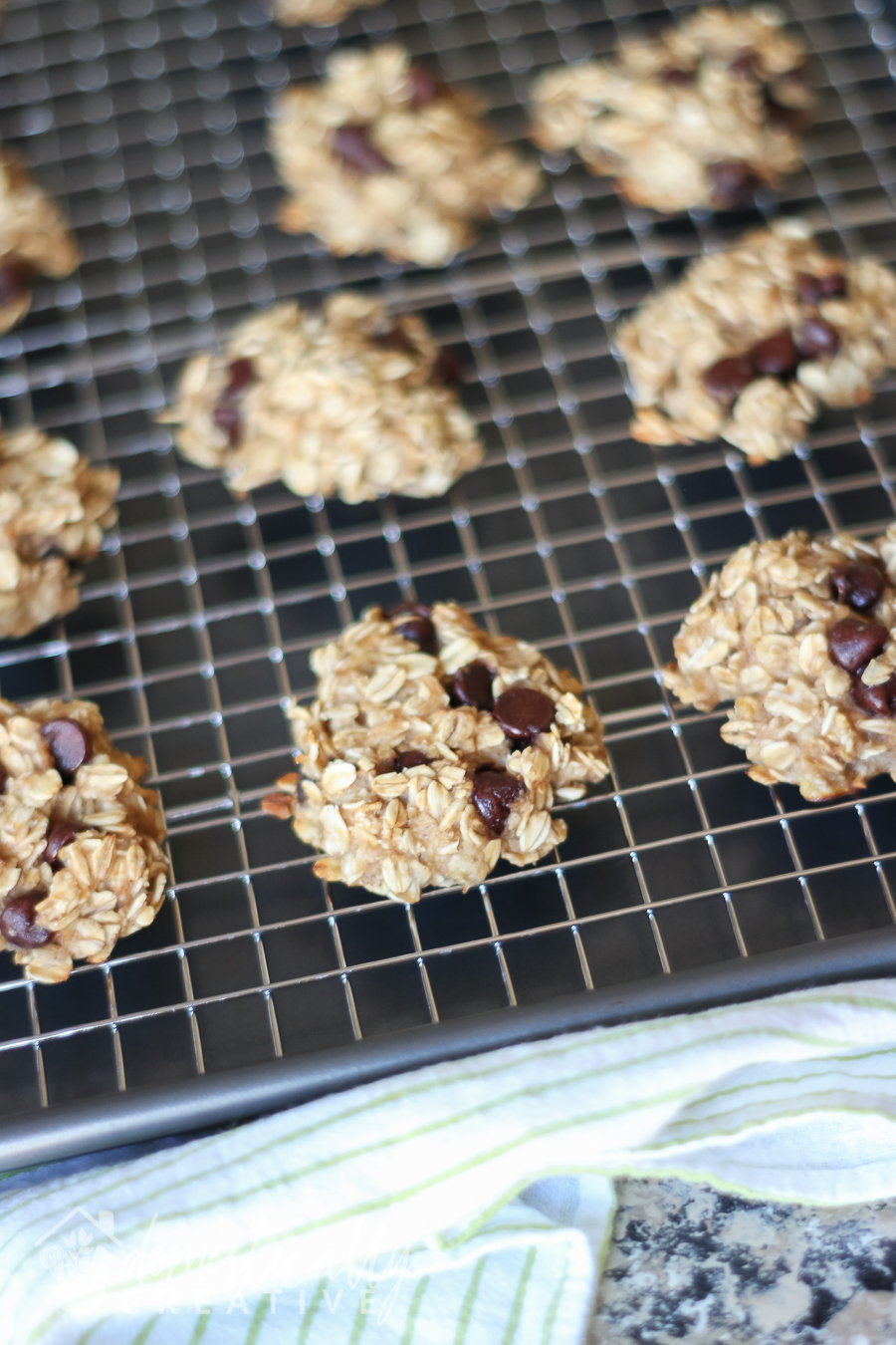 close up of banana oat cookies with chocolate chips