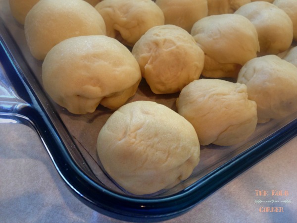 dinner roll dough shaped into balls to rise