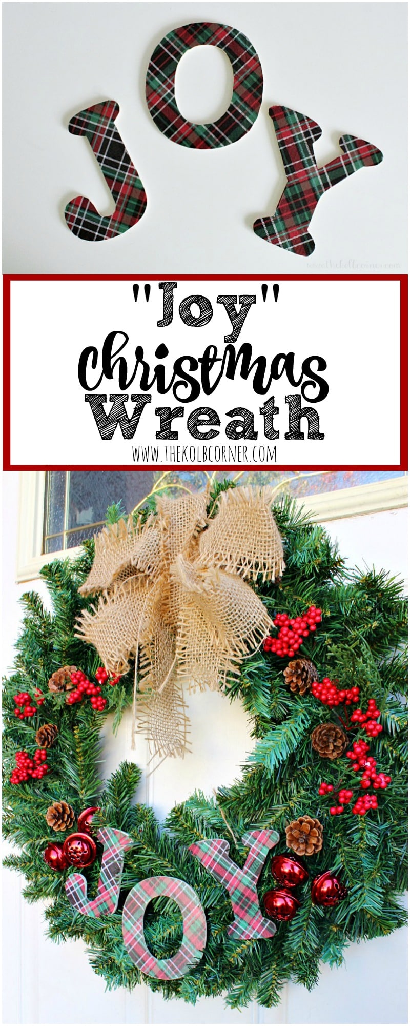 Such a fun and simple way to decorate your front door for Christmas with this Joy wreath