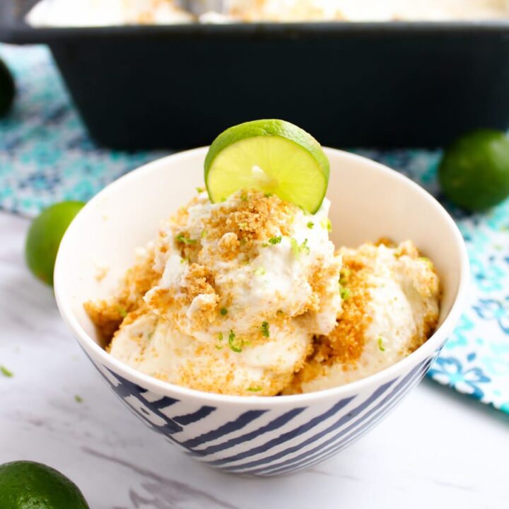 key lime pie ice cream in a blue striped bowl