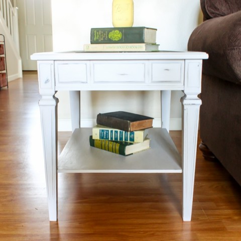 Thrifted stone top table turned beautiful wood planked farmhouse style end table