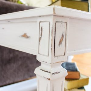 Thrifted stone top table turned beautiful wood planked farmhouse style end table