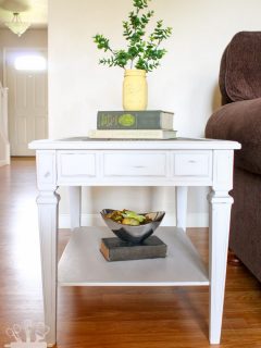 Thrifted stone top table turned beautiful wood planked farmhouse style end table