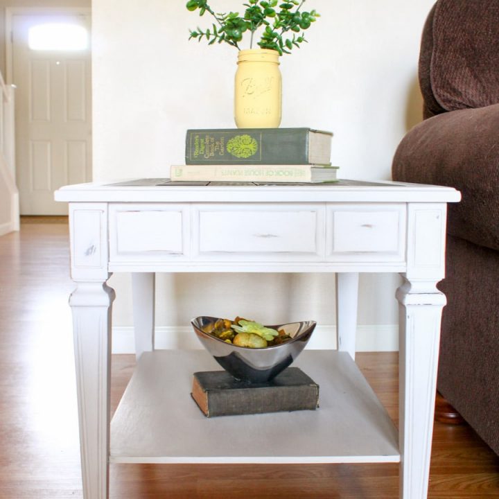 Thrifted stone top table turned beautiful wood planked farmhouse style end table