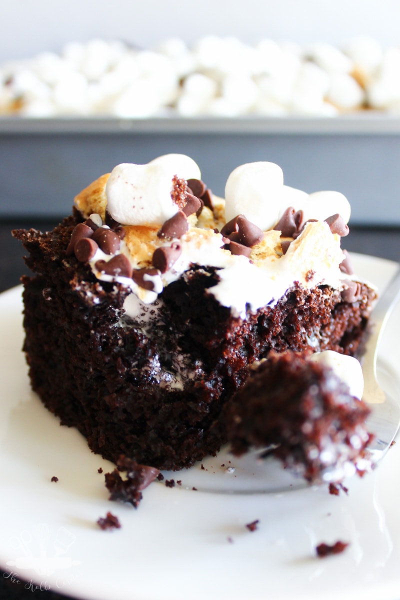 Close up of smores cake with bite on a fork