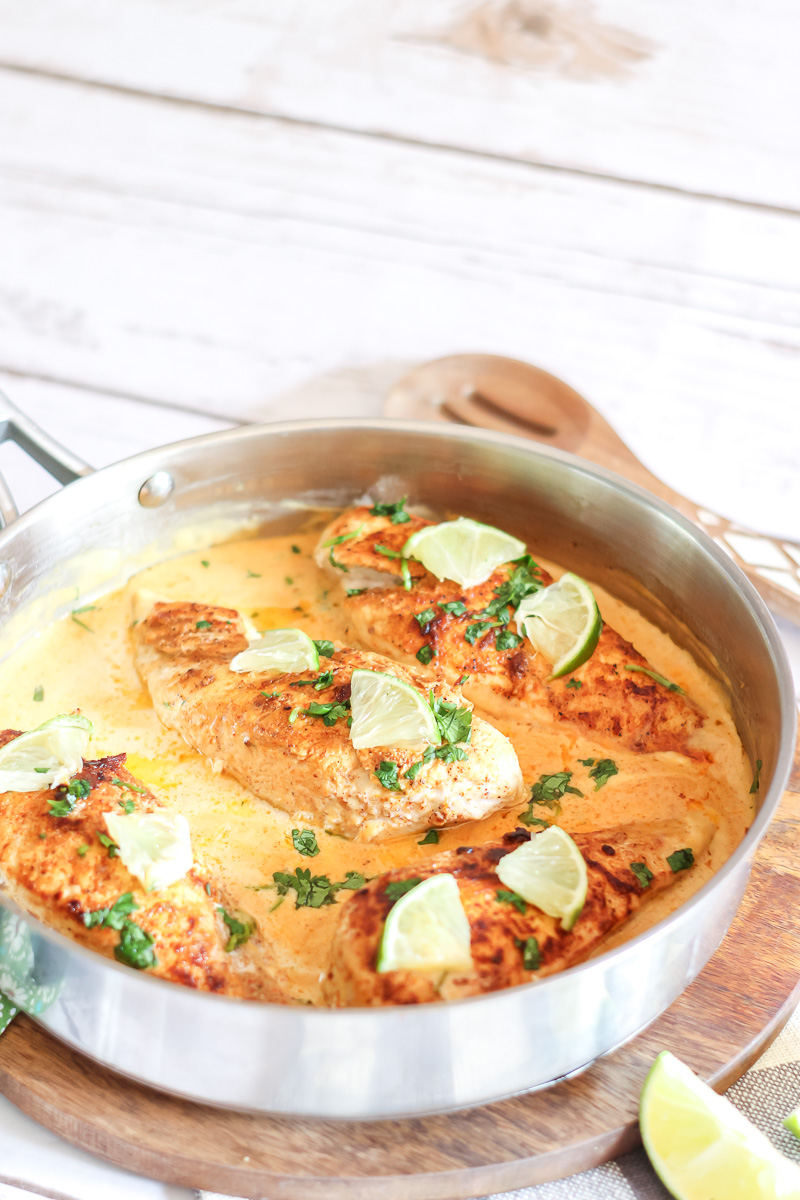 Delicious creamy cheesy skillet chicken seasoned with lime and chili powder
