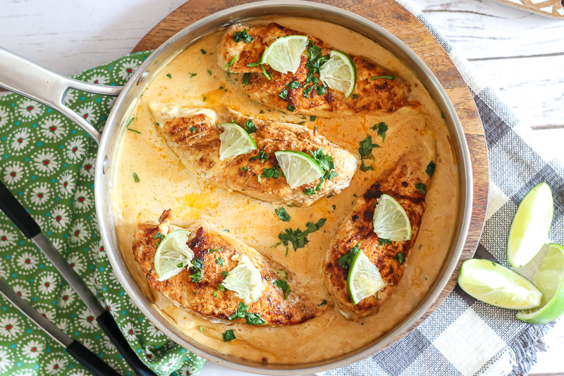 Overhead view chili lime skillet chicken