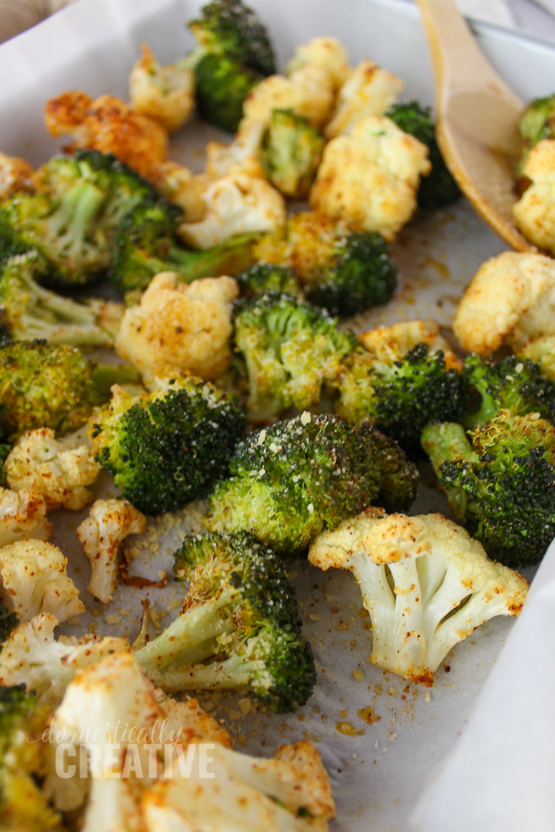 close up roasted broccoli and cauliflower