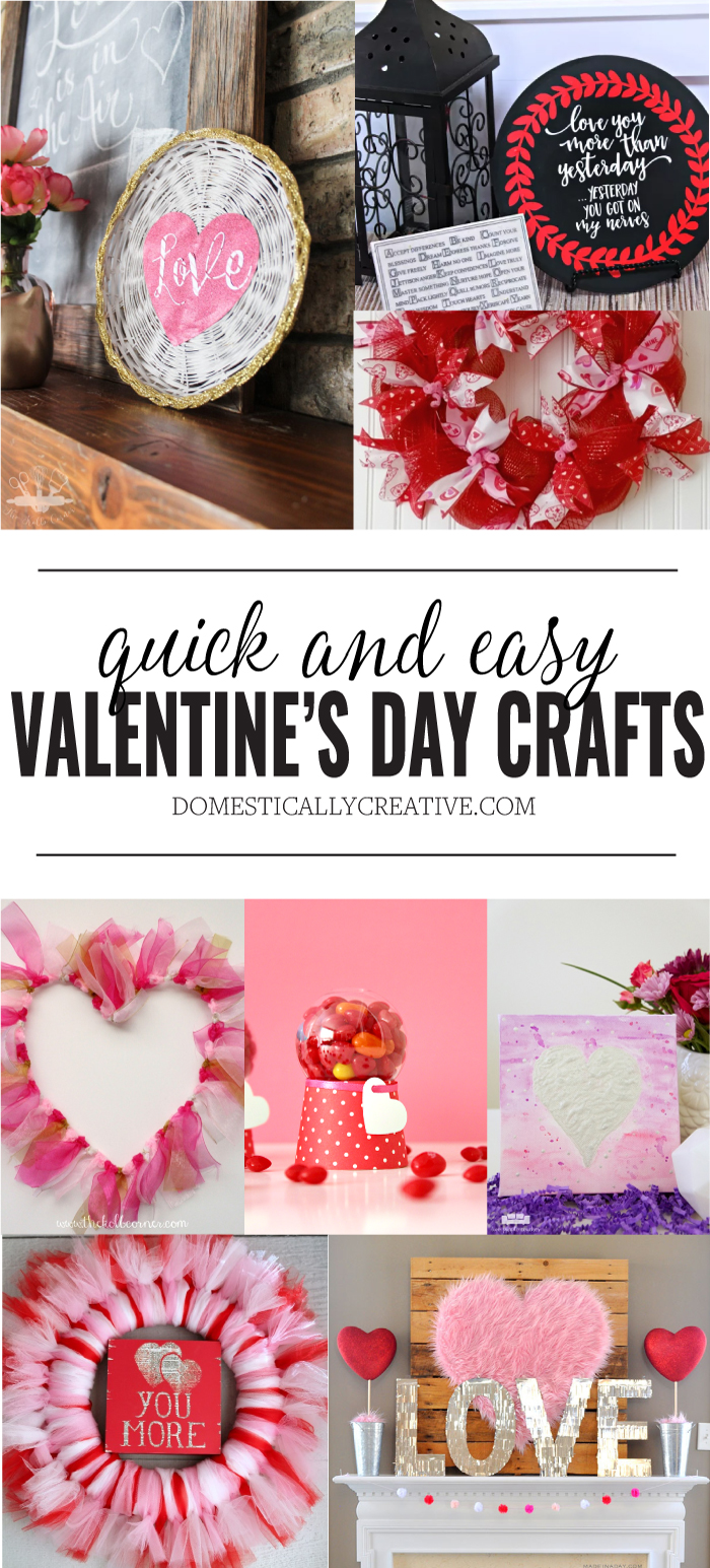 Get crafty for Valentine's Day with these 14 Quick and Easy Valentine's Day Crafts. Everyone can have fun with these cute ideas! #valentinesdaycrafts #valentinesday #easyvalentinesdaycrafts #domesticallycreative