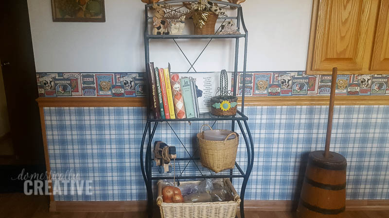 kitchen before with blue gingham wallpaper