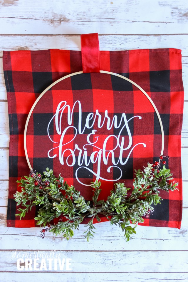 DIY Christmas Buffalo Check Hoop Wreath - Domestically Creative