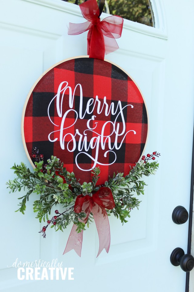 DIY Christmas Buffalo Check Hoop Wreath - Domestically Creative