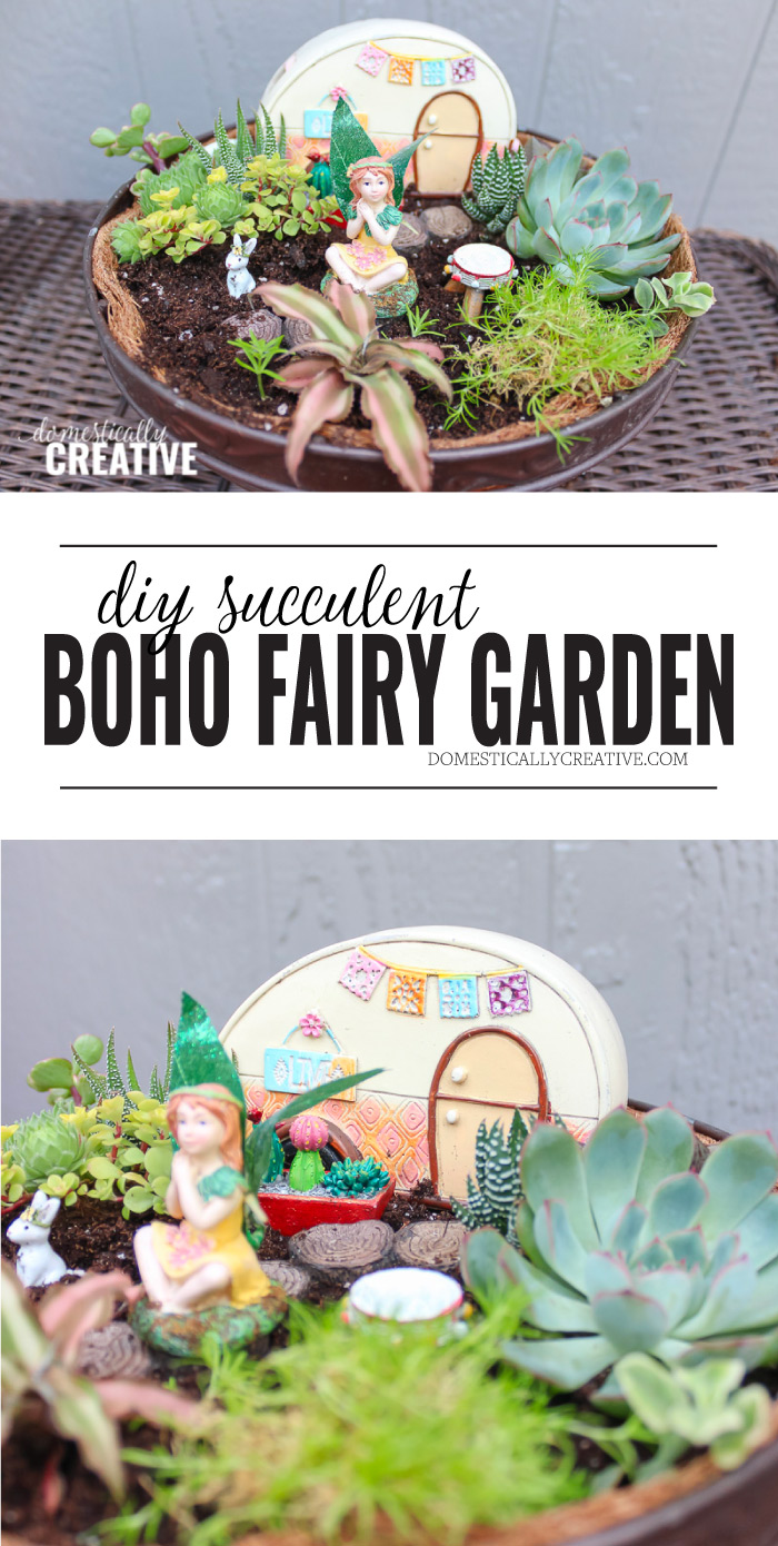 DIY Boho themed fairy garden with succulents