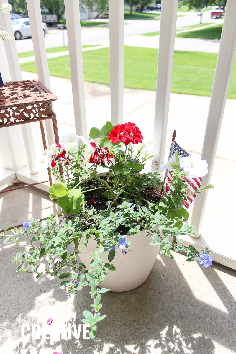 Mixed container with Red White and Blue flowers