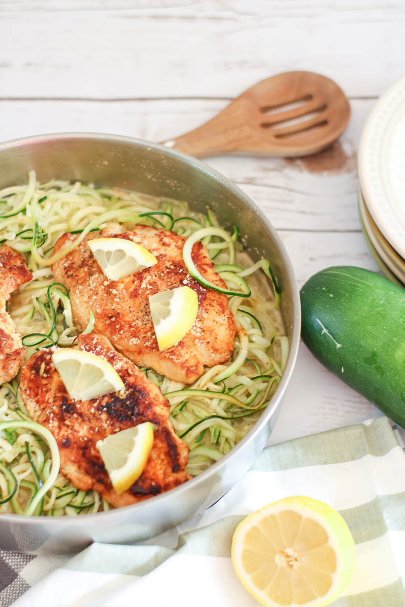 Seared chicken over a bed of zucchini noodles