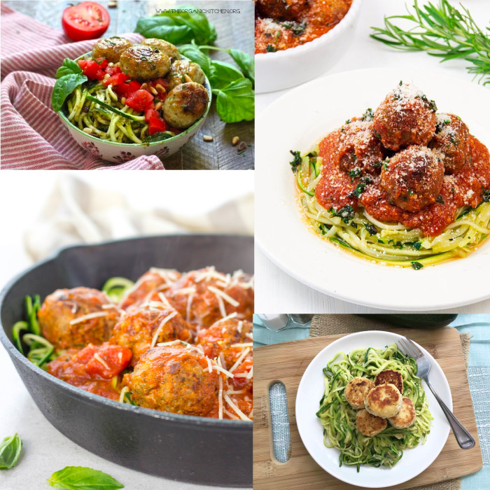Zoodles and meatballs collage