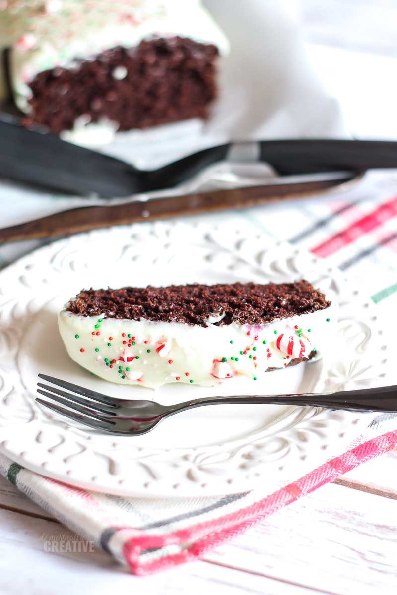 dark chocolate cake with peppermint cream cheese glaze