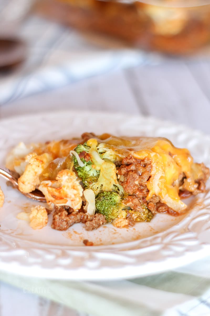 Close up of a dished out serving of cheeseburger casserole