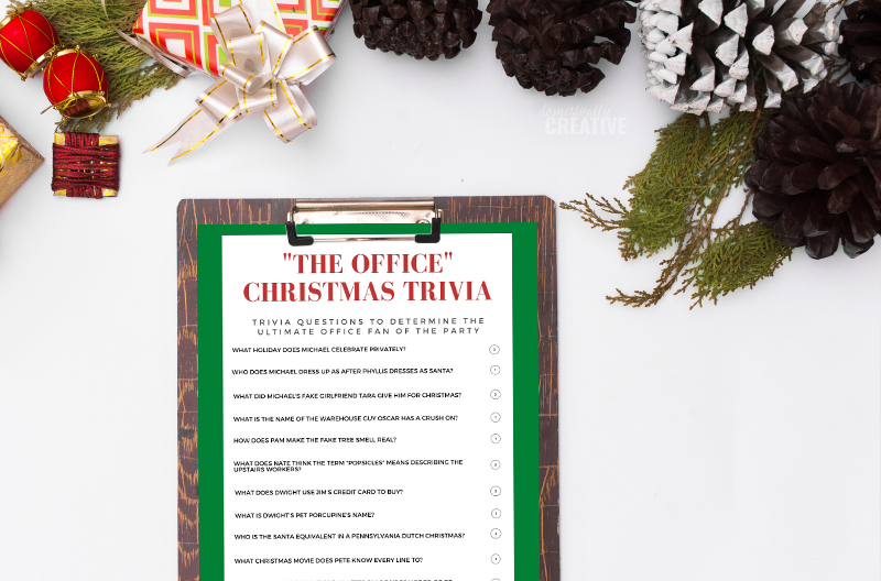 The Office Christmas Trivia green on a Christmas backdrop