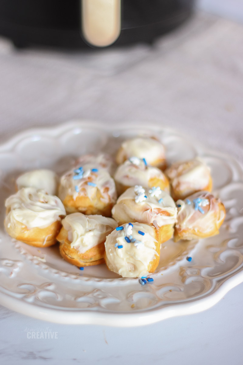 white chocolate topped biscuit donut bites