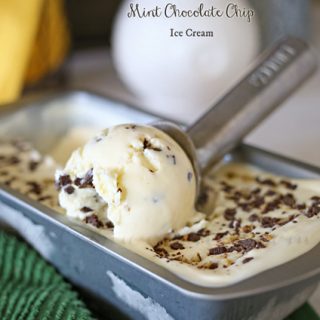 mint chocolate chip ice cream being scooped out of a loaf pan